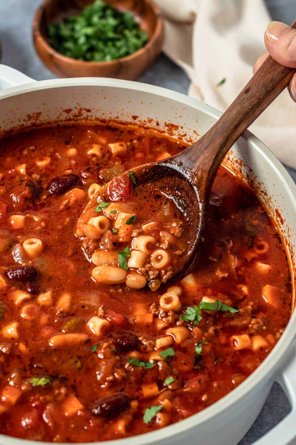 Pasta Fagioli Soup in a white pot