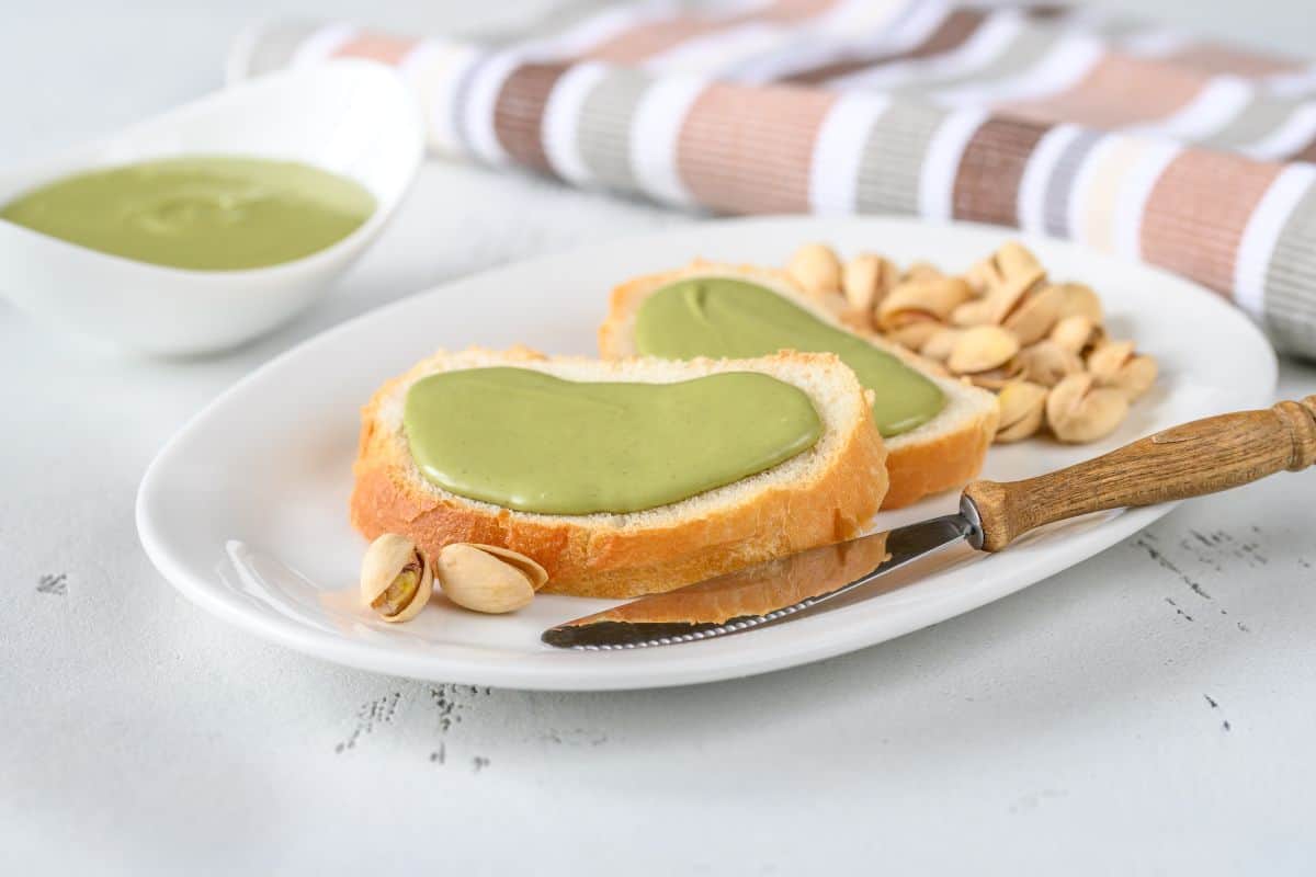 green pistachio butter on a toast.