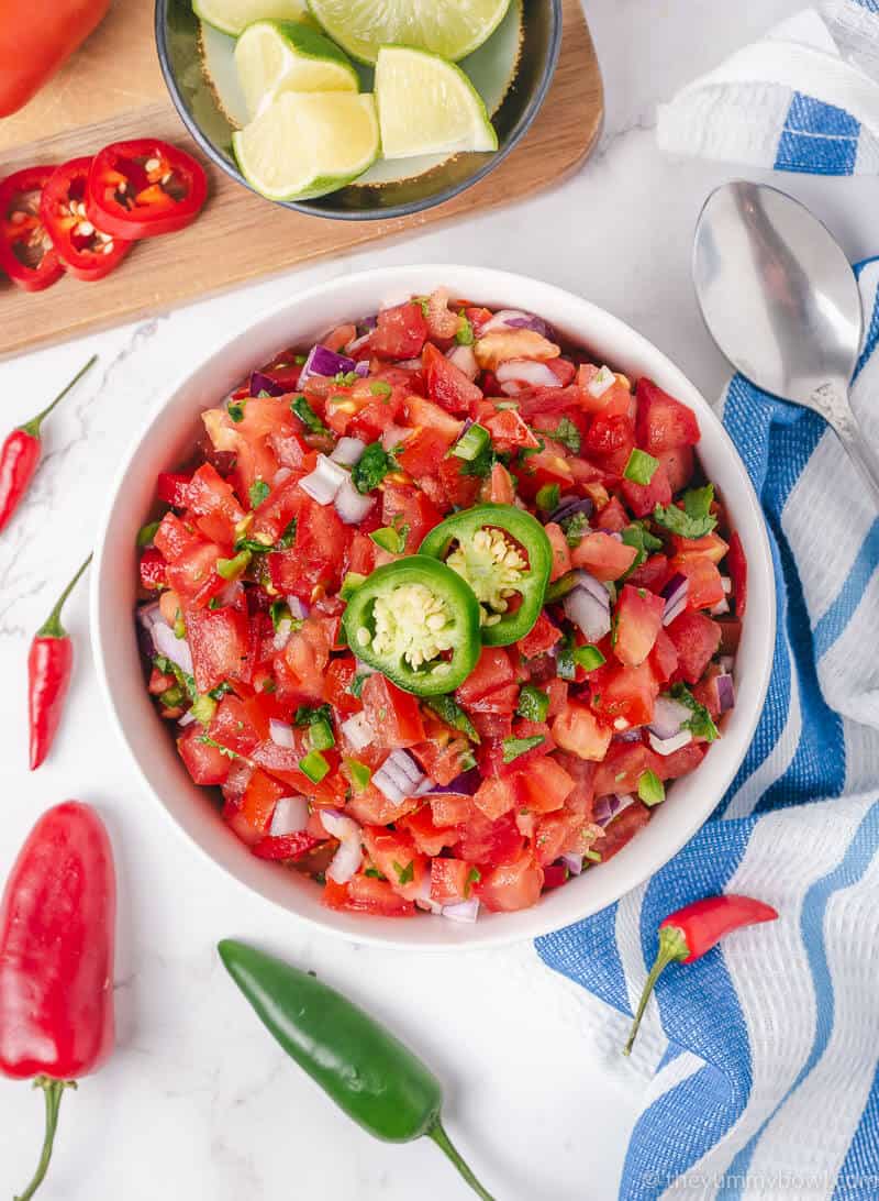 pico de gallo (mexican tomato salsa) in a bowl with tortilla chips