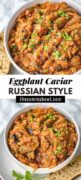 Terrific smoky eggplant caviar spread/dip! Perfect to spread over crackers for an easy, healthy, delicious appetizer. #eggplantcaviar #eggplantdip #eggplantcaviarrussian #eggplantspread #roastedeggplantspread #veganeggplantspread