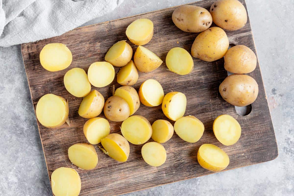 baby potatoes cut in half.