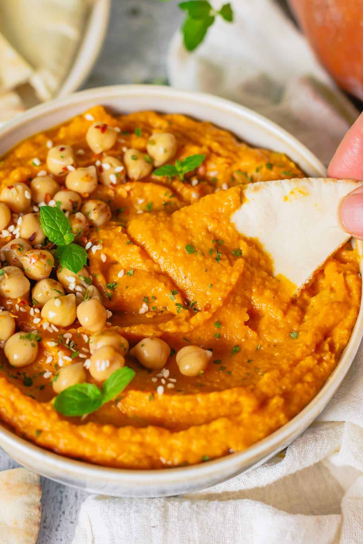 pumpkin hummus pita bread dip shot