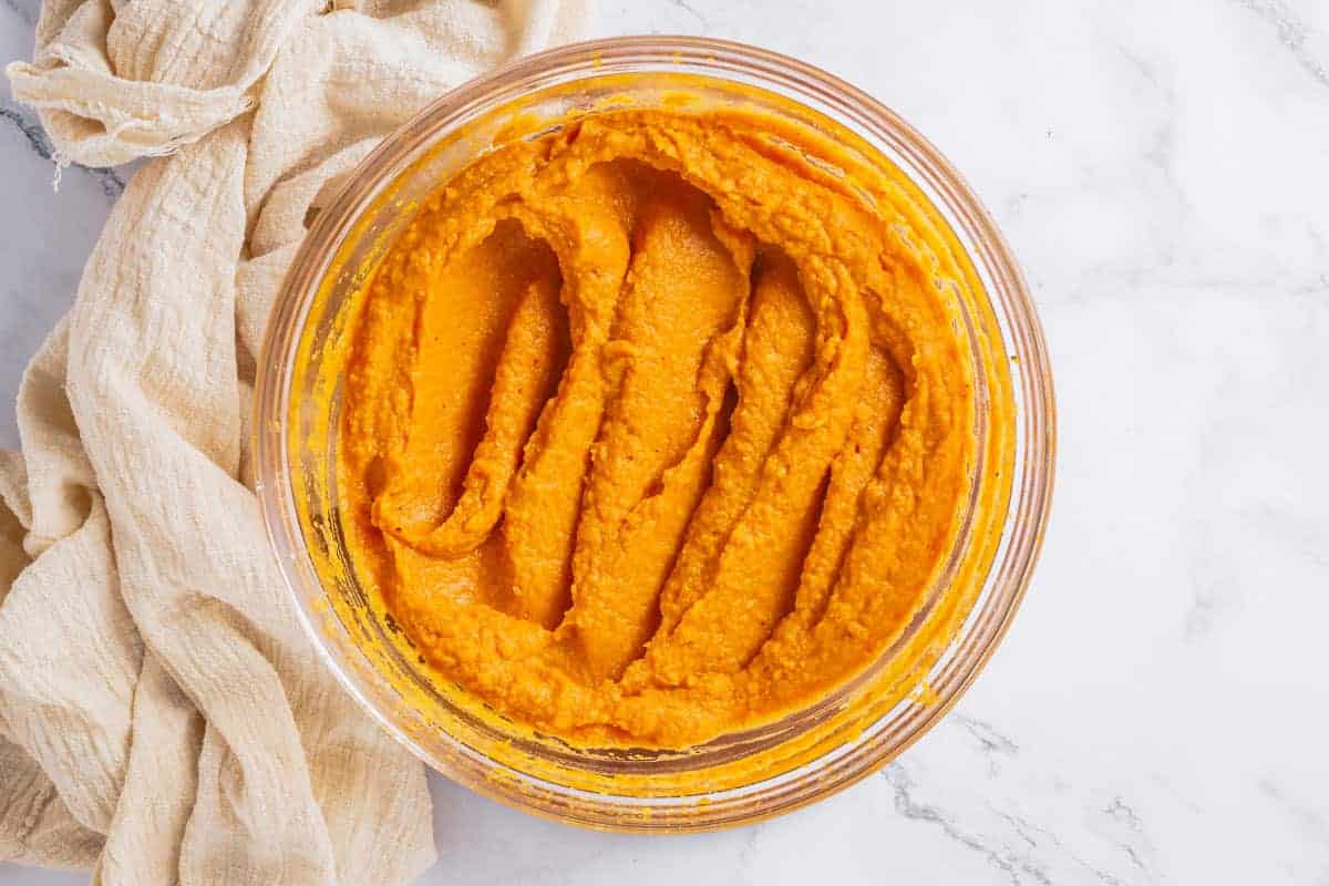 chickpea and roasted pumpkin blended into a puree in a transparent large bowl