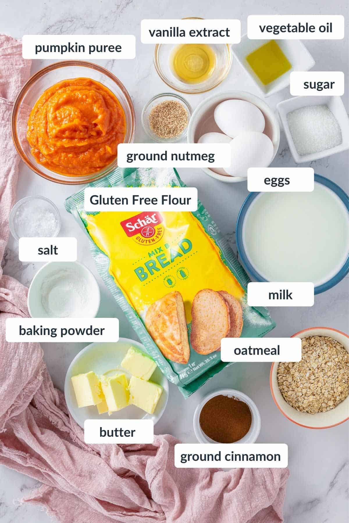 pumpkin pancake ingredients flat lay shot on marble background