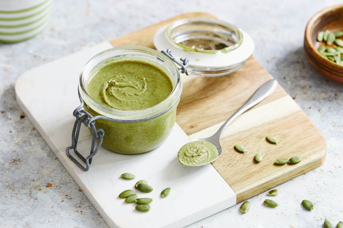 green pumkin seed butter jar.