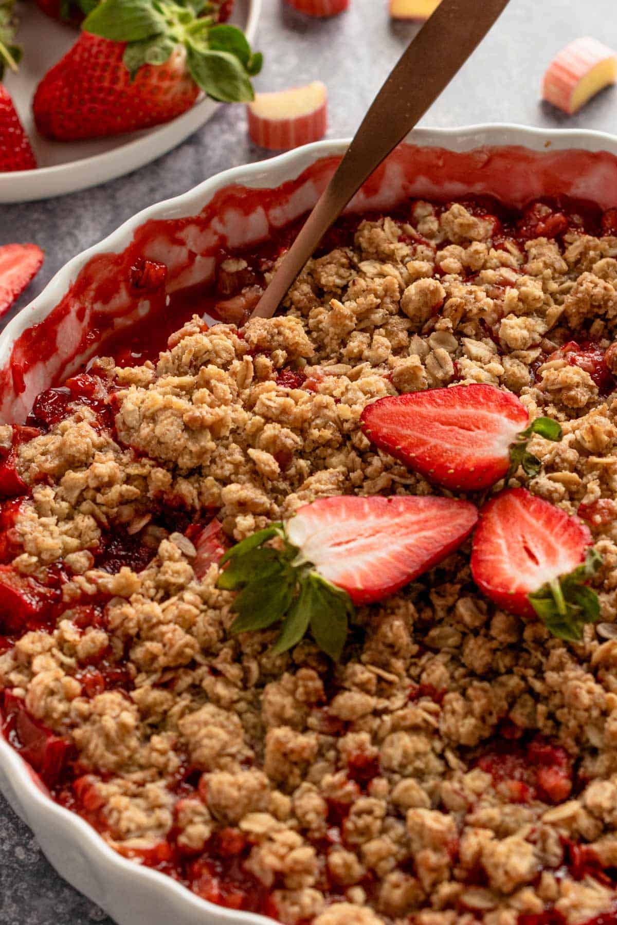 Strawberry Rhubarb Crisp in round baking dish