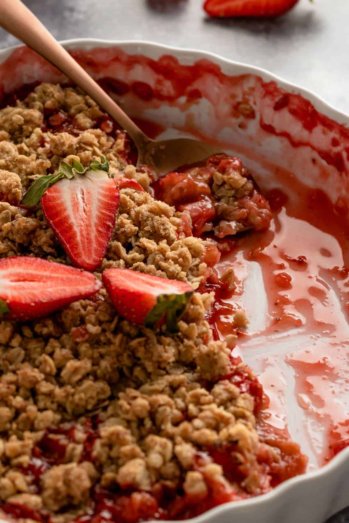 Strawberry Rhubarb Crisp in round baking dish