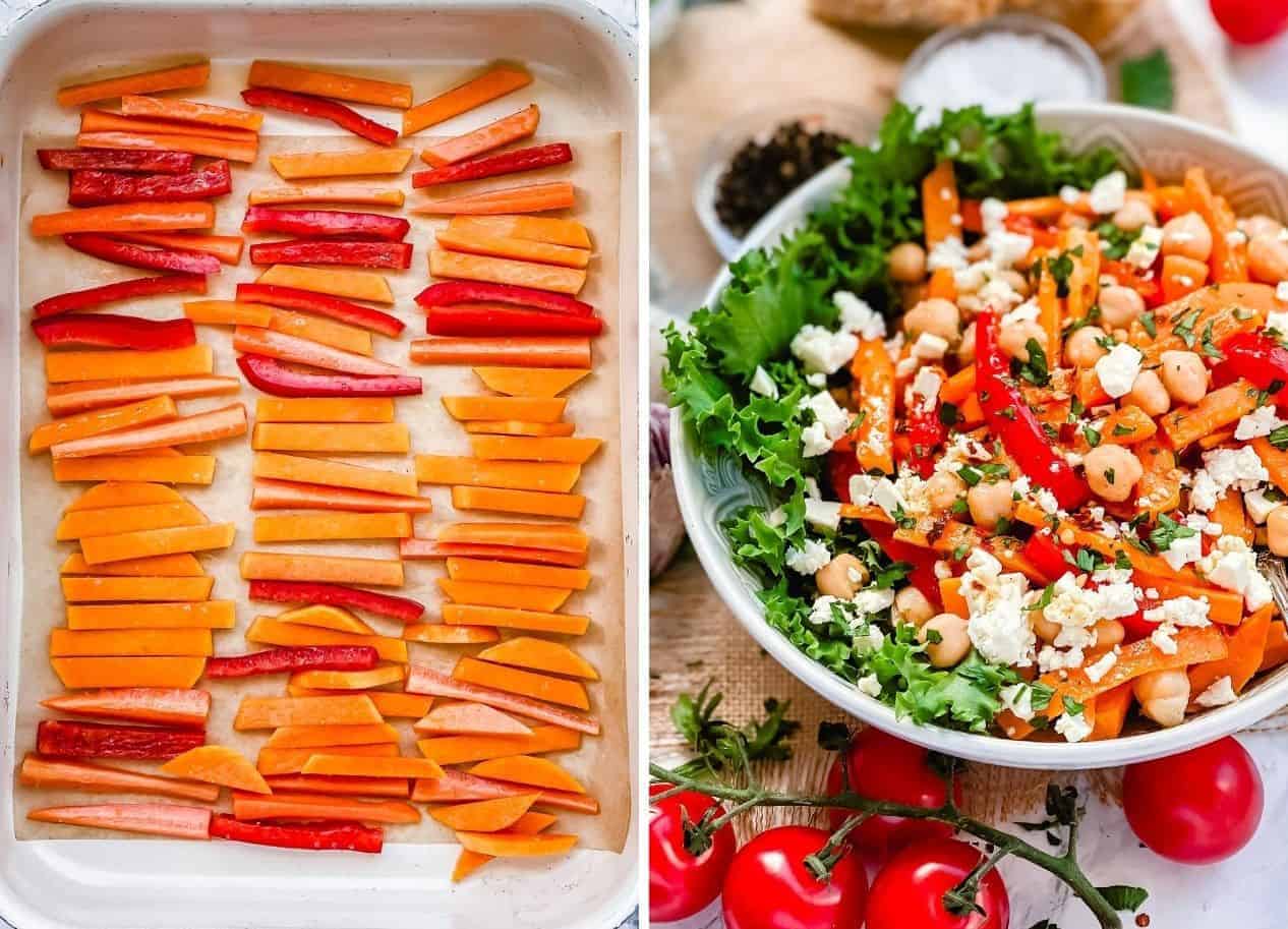 Roasted Pumpkin Chickpea and feta salad - A Delicious bowl of salad loaded with Pumpkins, bell peppers, carrots, Chickpeas and salty Feta. All this goodness is dressed in Maple Chili Dressing to add that little extra touch. -The Yummy Bowl