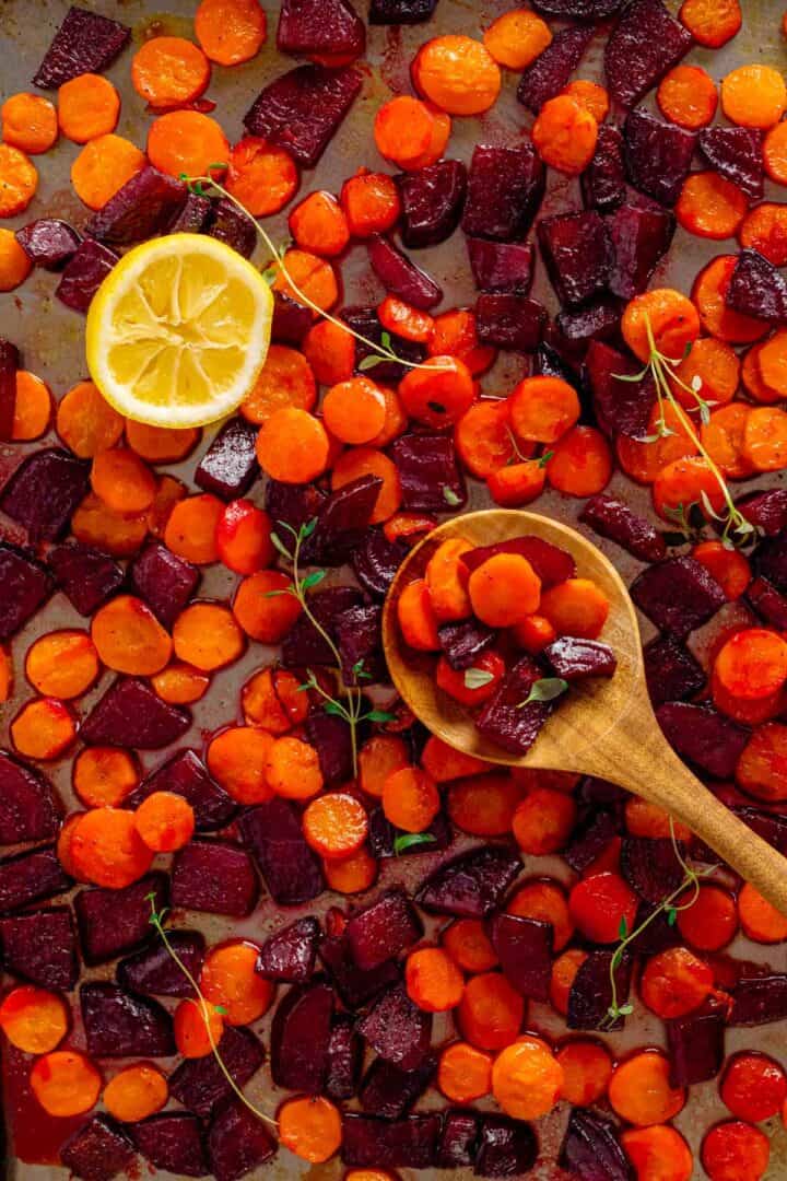 roasted honey beets and carrots with lemon.