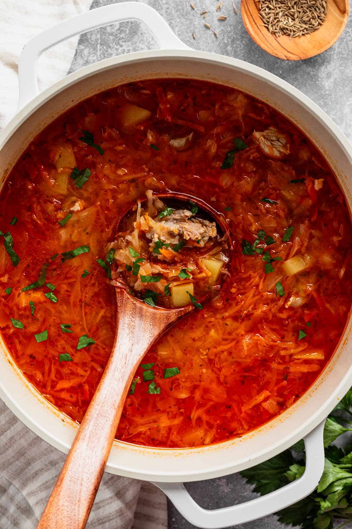 tomato sauerkraut soup in a pot.