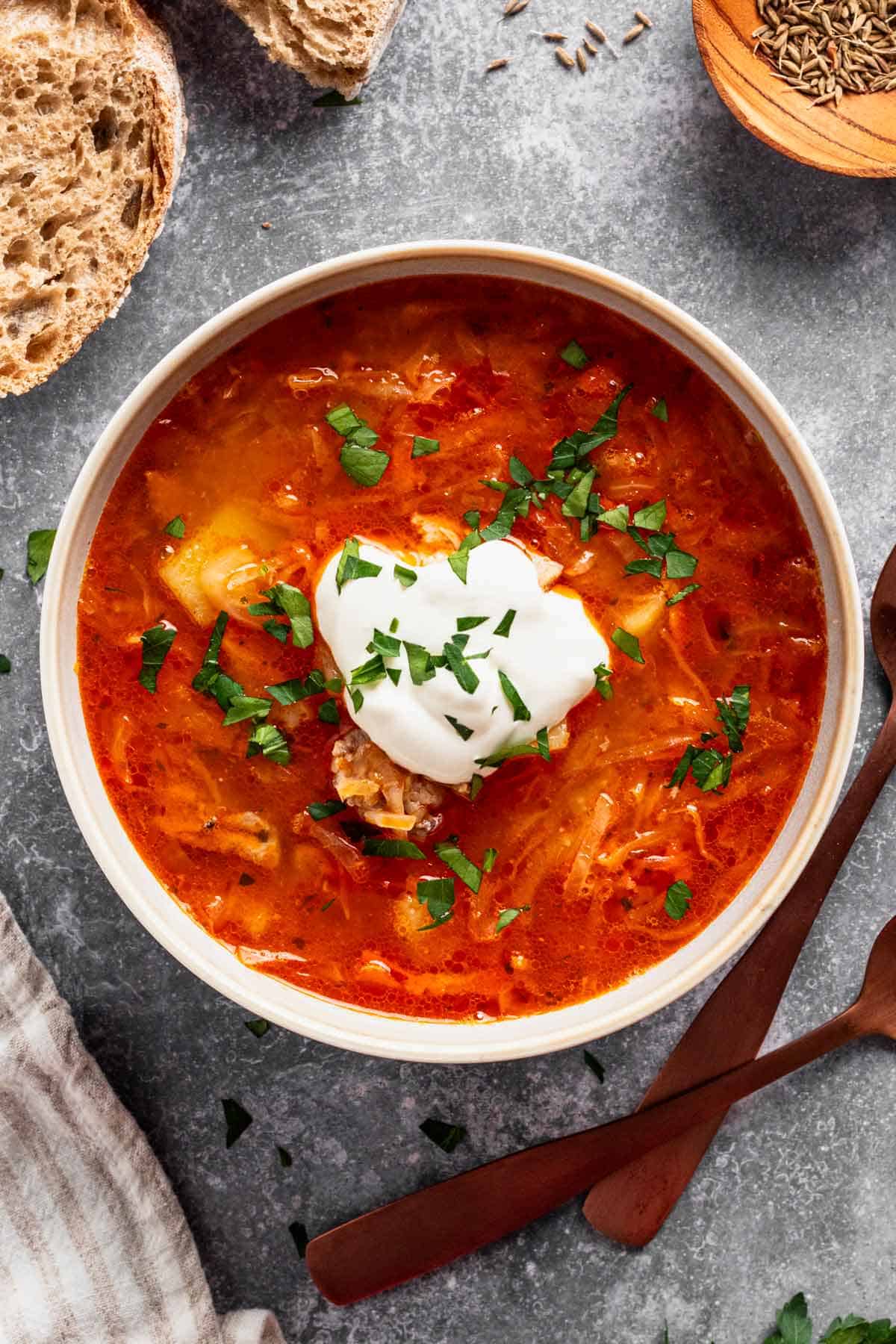 polish sauerkraut soup with meat in a bowl.