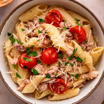 ground sausage pasta with tomatoes.