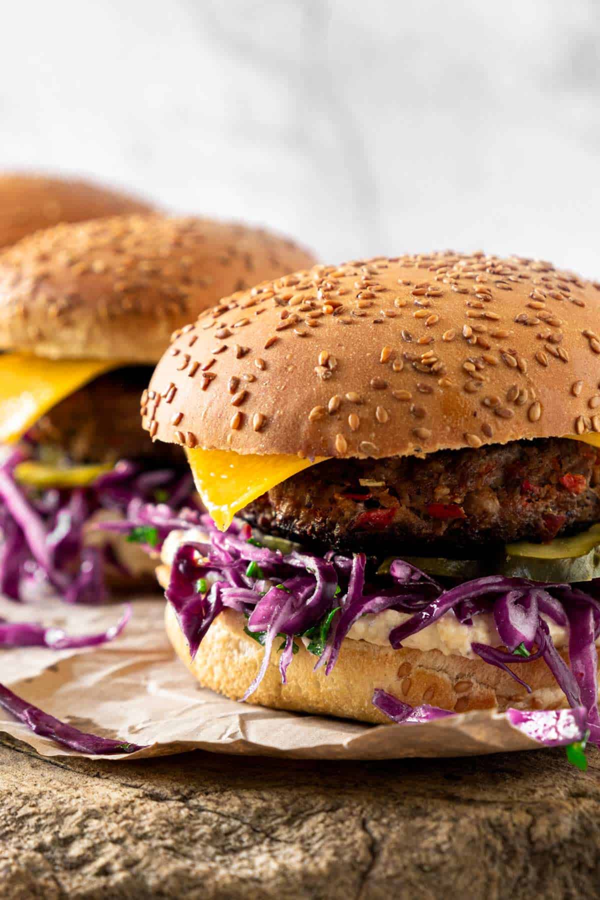 assembled two stovetop beef burgers.