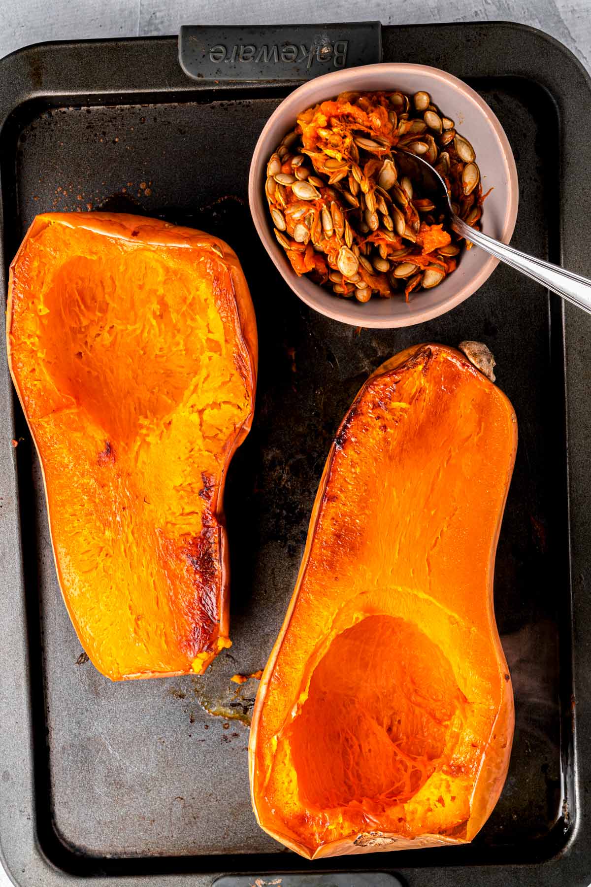 roasted butternut squash halves.