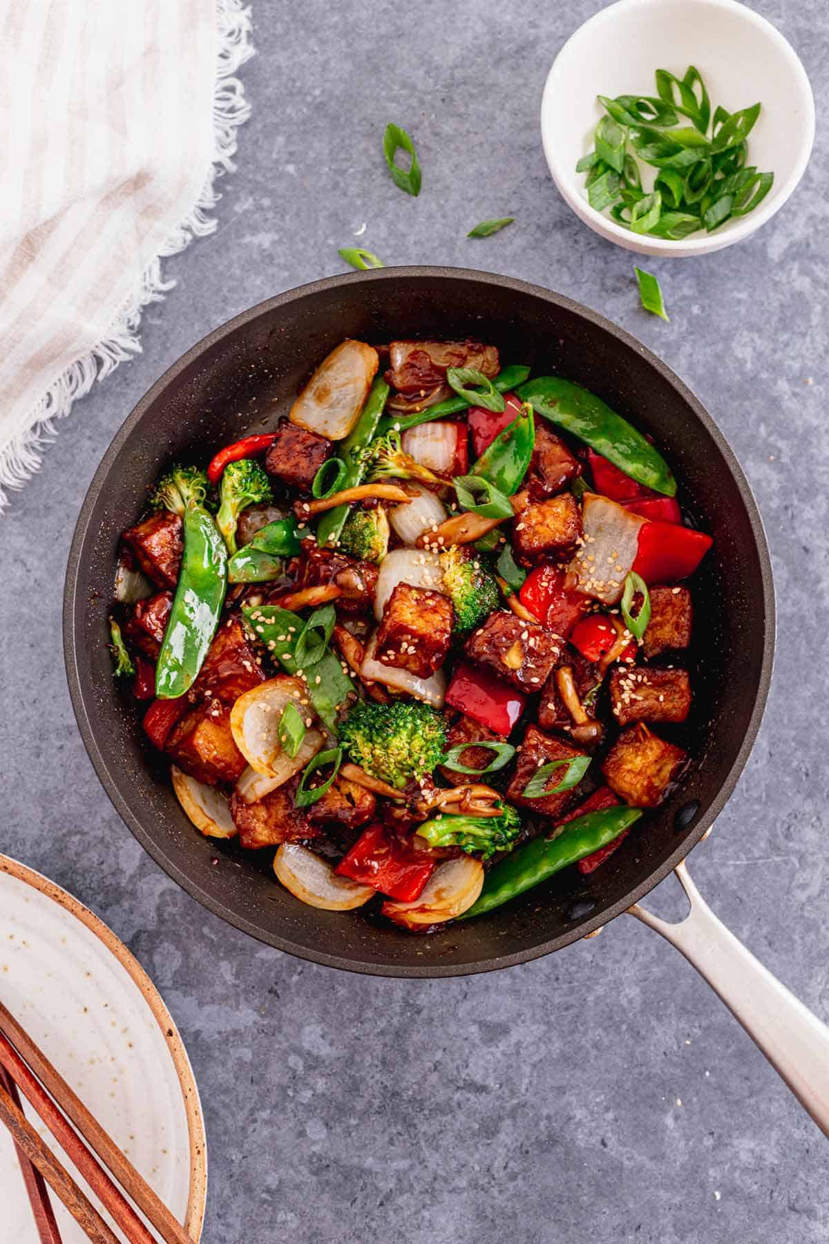 Tofu Veggie Stir Fry in a skillet