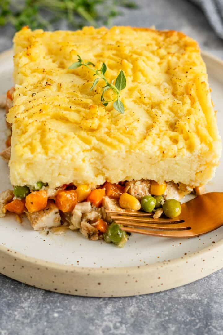 sliced piece of turkey shepherd's pie.