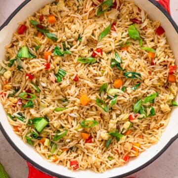 egg fried rice in white skillet