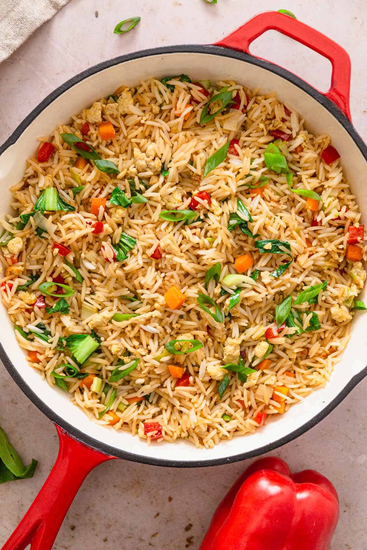 egg fried rice in white skillet