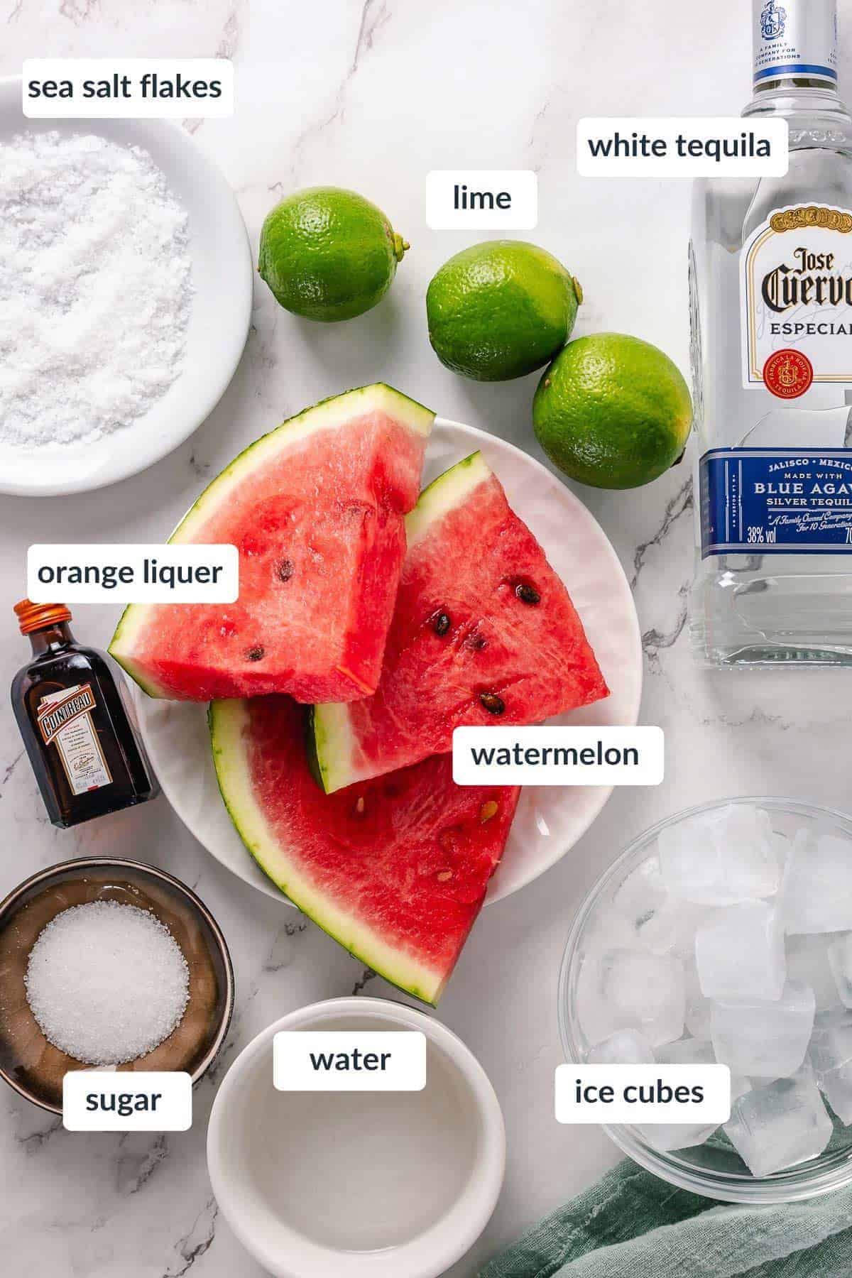 Skinny Watermelon Margarita ingredients flat lay shot