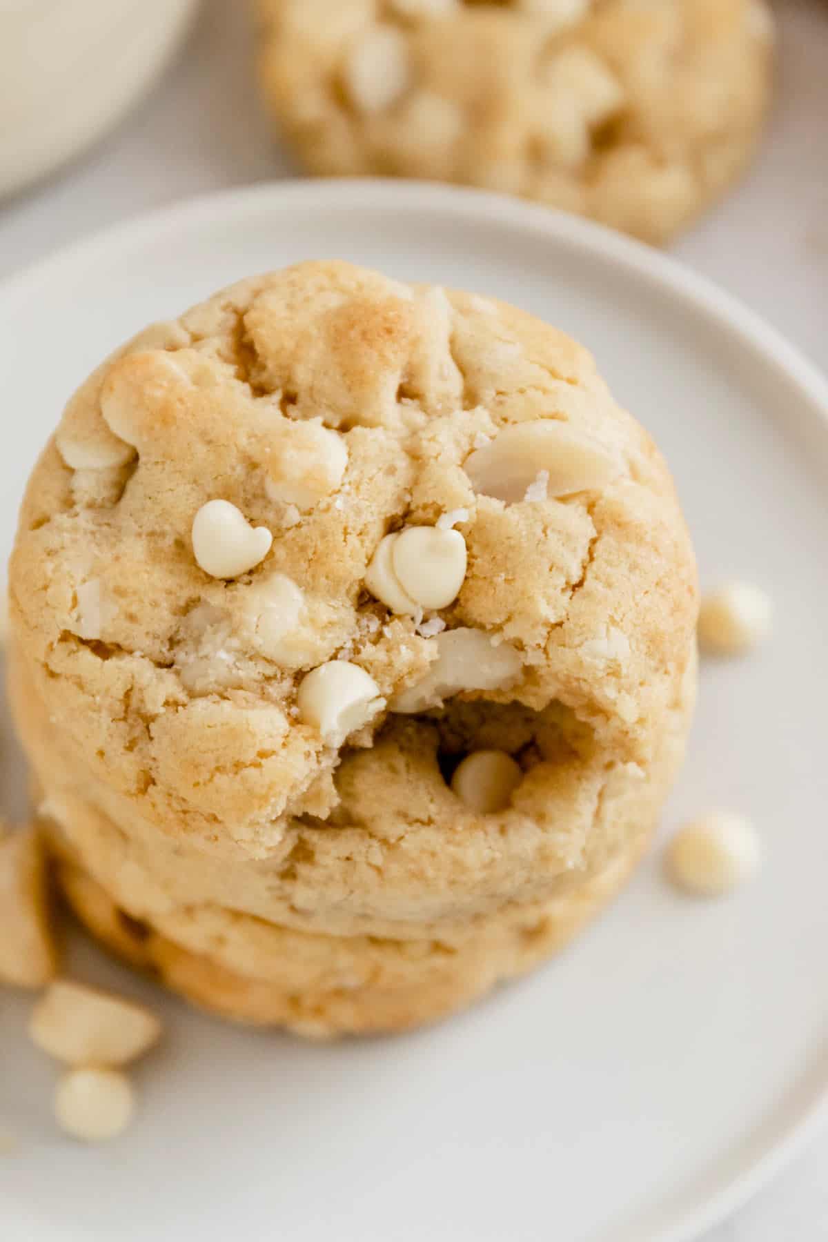 bite shot of a white chocolate macadamia nut cookies